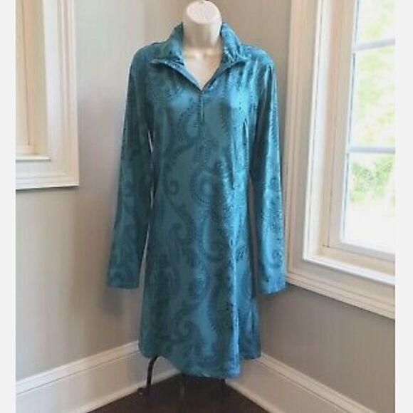 TEHAMA Long Sleeve Teal Paisley Athleisure Stretch Dress - Picture 1 of 12